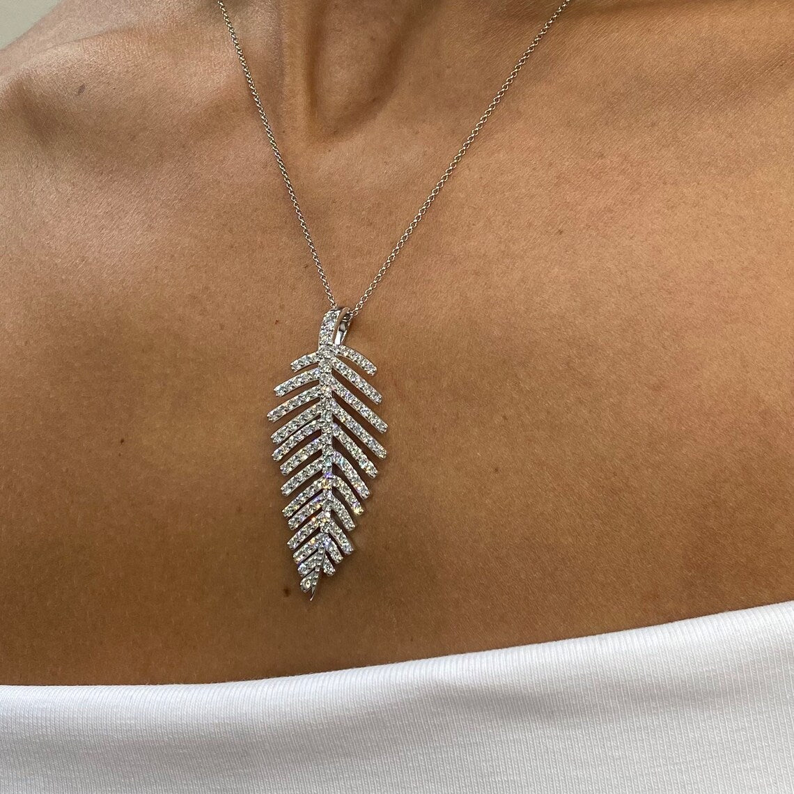 14k Gold Round Brilliant Cut Lab Grown Diamond Pendant Leaf Design Pave Set Necklace - JBR Jeweler