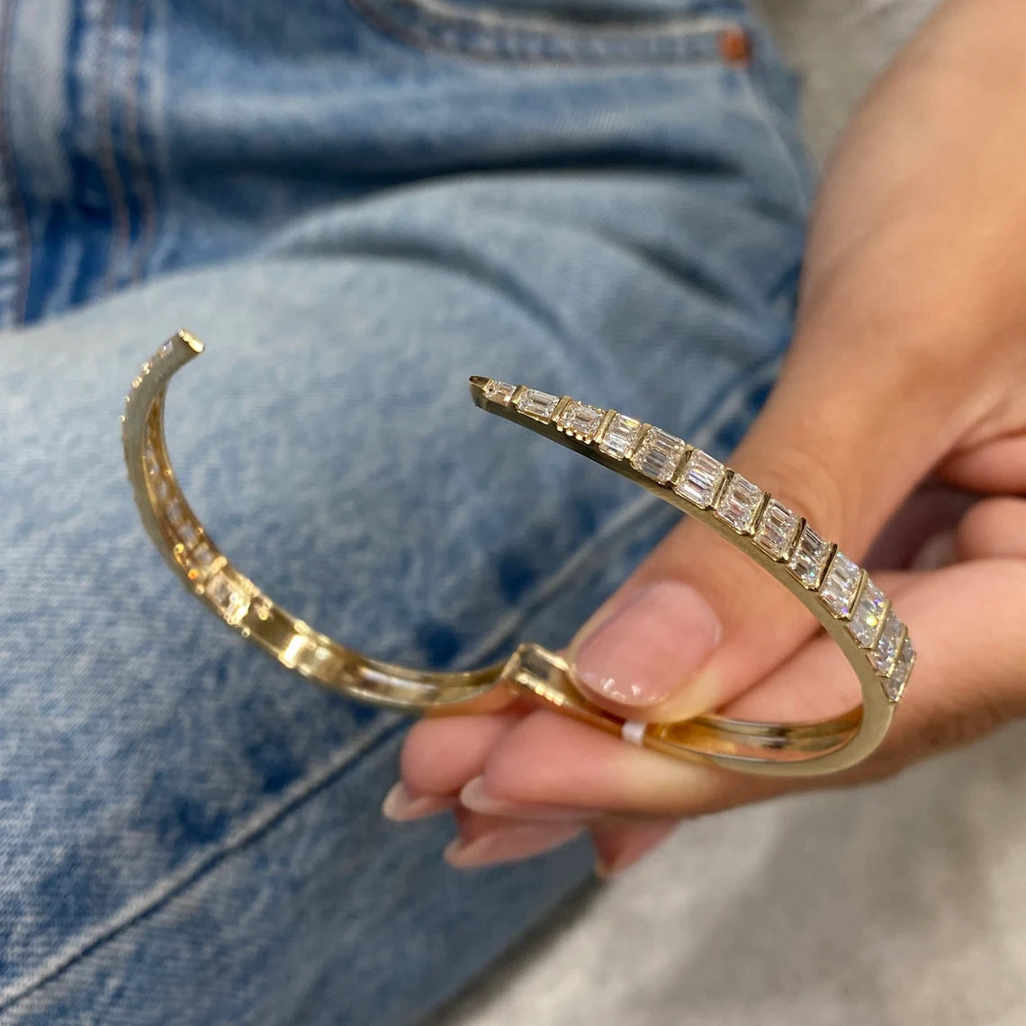 14k Yellow Gold Baguette Cut Lab Grown Diamond Bar Set Bangle Bracelet - JBR Jeweler
