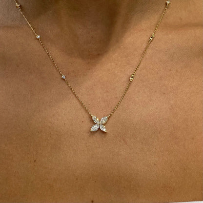 14k Yellow Gold Marquise and Round Cut Lab Grown Diamond, Real Flower Design Pendant Necklace