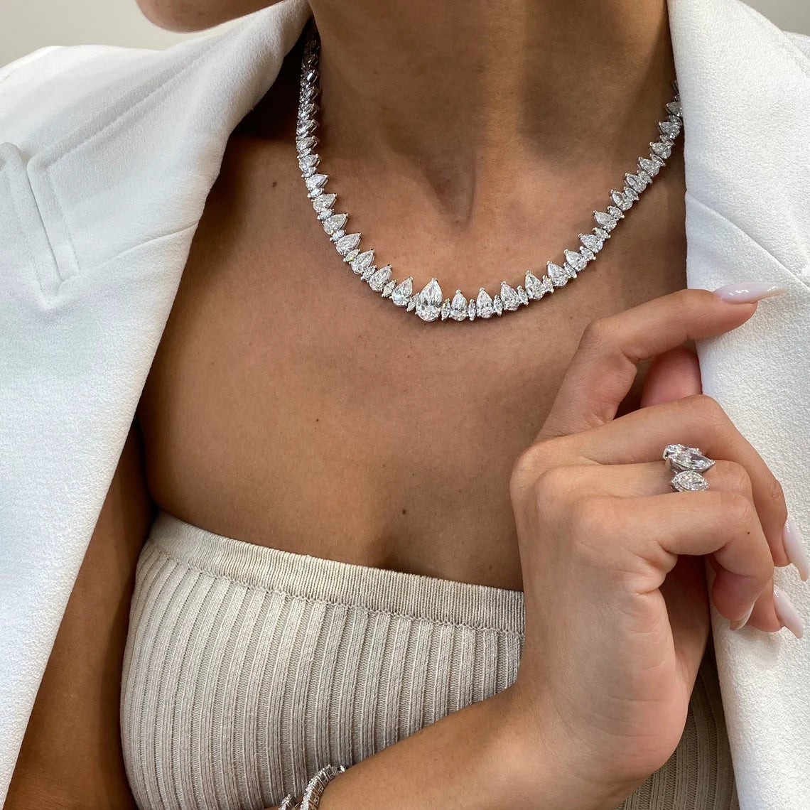 14k Gold Marquise and Pear Cut Lab Grown Diamond, Elegant Tennis Necklace for Women - JBR Jeweler