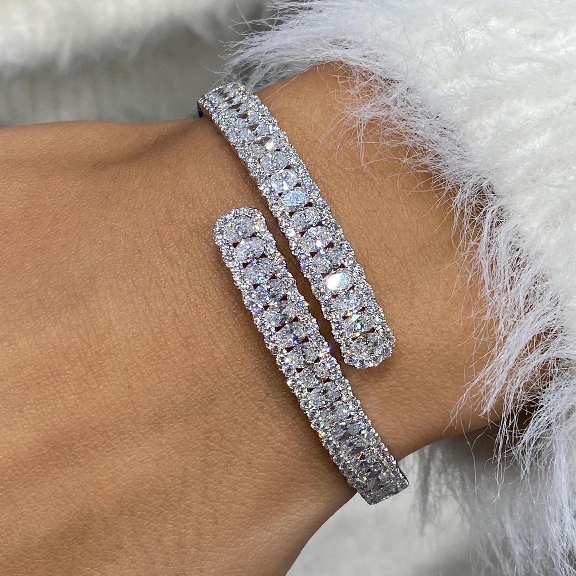 14k White Gold Oval & Round Cut Lab Created Diamond Pave Setting Bangle Tennis Bracelet Gift for Anniversary - JBR Jeweler