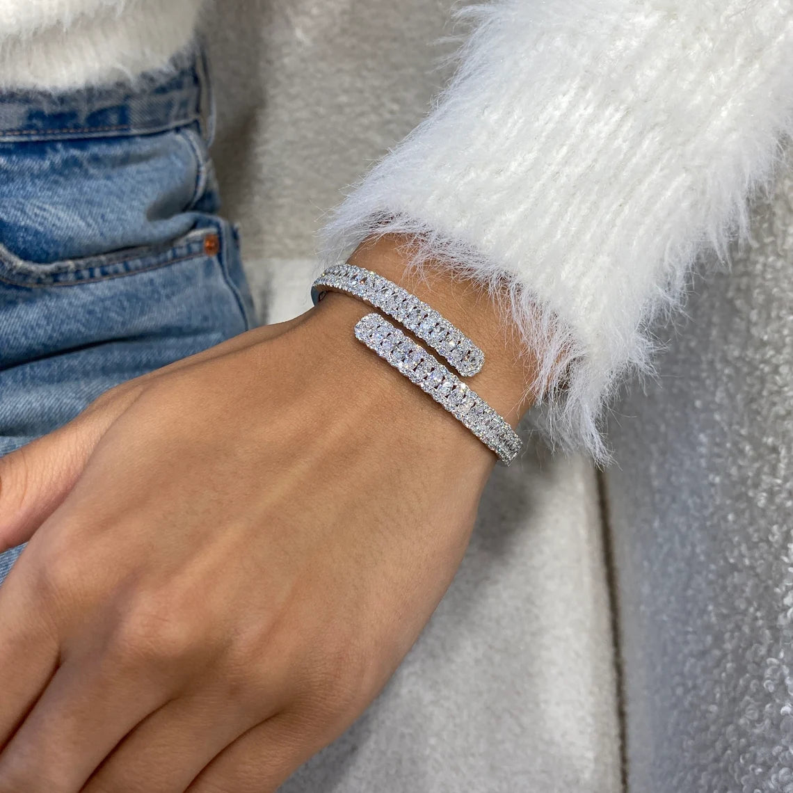 14k White Gold Oval & Round Cut Lab Created Diamond Pave Setting Bangle Tennis Bracelet Gift for Anniversary - JBR Jeweler