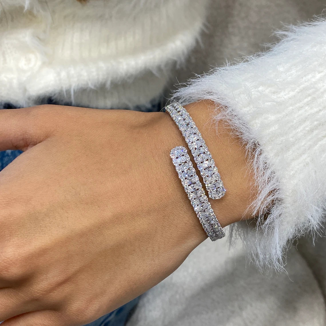 14k White Gold Oval & Round Cut Lab Created Diamond Pave Setting Bangle Tennis Bracelet Gift for Anniversary - JBR Jeweler