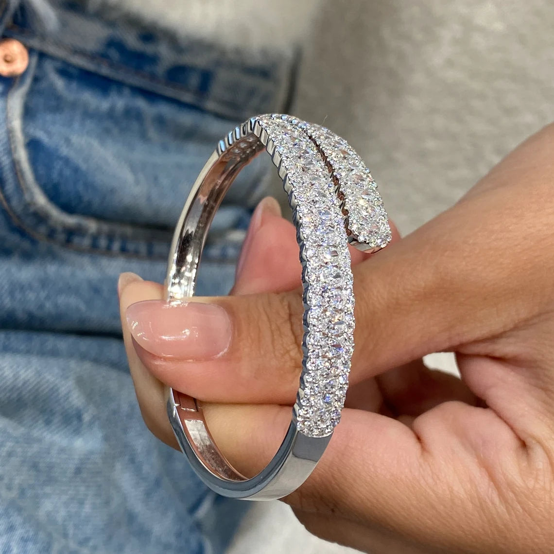 14k White Gold Oval & Round Cut Lab Created Diamond Pave Setting Bangle Tennis Bracelet Gift for Anniversary