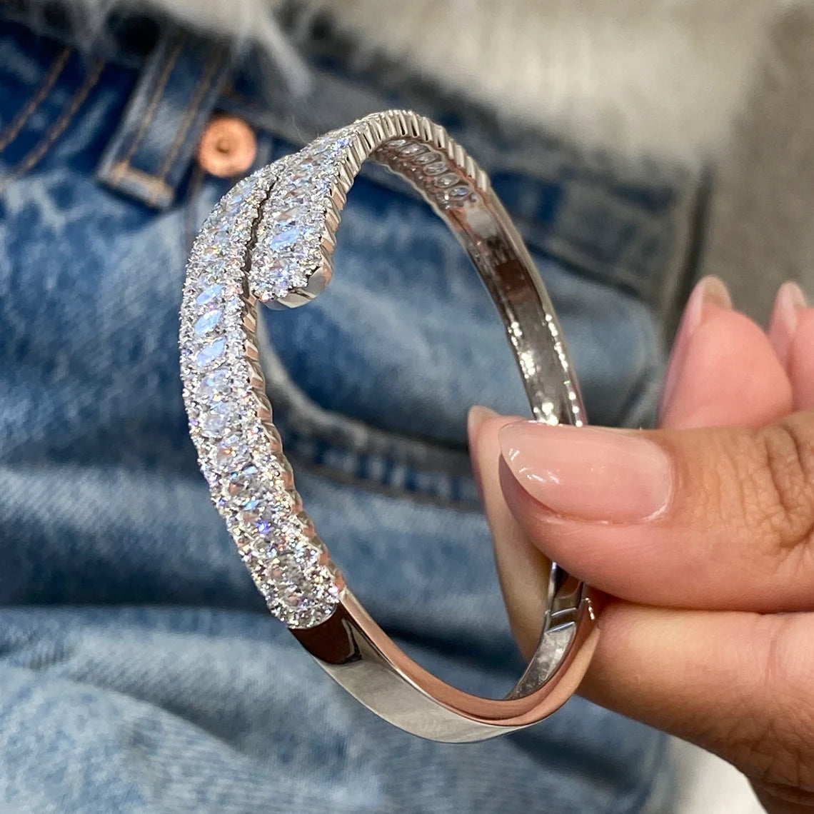 14k White Gold Oval & Round Cut Lab Created Diamond Pave Setting Bangle Tennis Bracelet Gift for Anniversary - JBR Jeweler