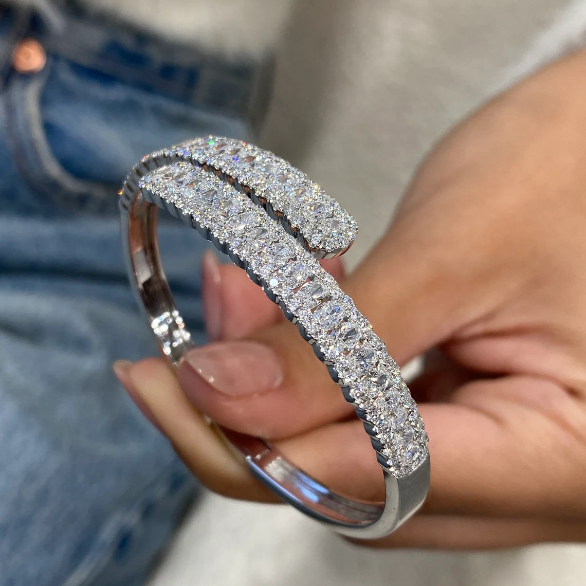 14k White Gold Oval & Round Cut Lab Created Diamond Pave Setting Bangle Tennis Bracelet Gift for Anniversary - JBR Jeweler
