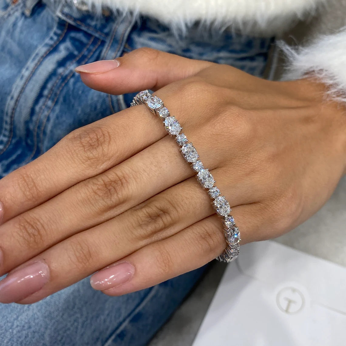 14k White Gold Oval and Round Cut Lab Grown Diamond Prong Setting Tennis Bracelet Bridal Jewelry - JBR Jeweler