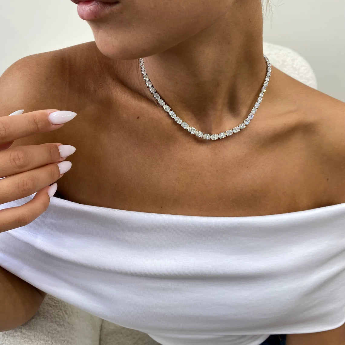 4 mm 14k Gold Prong Setting, Oval Cut, Lab Created Diamond Tennis Necklace, Bridal Jewelry - JBR Jeweler