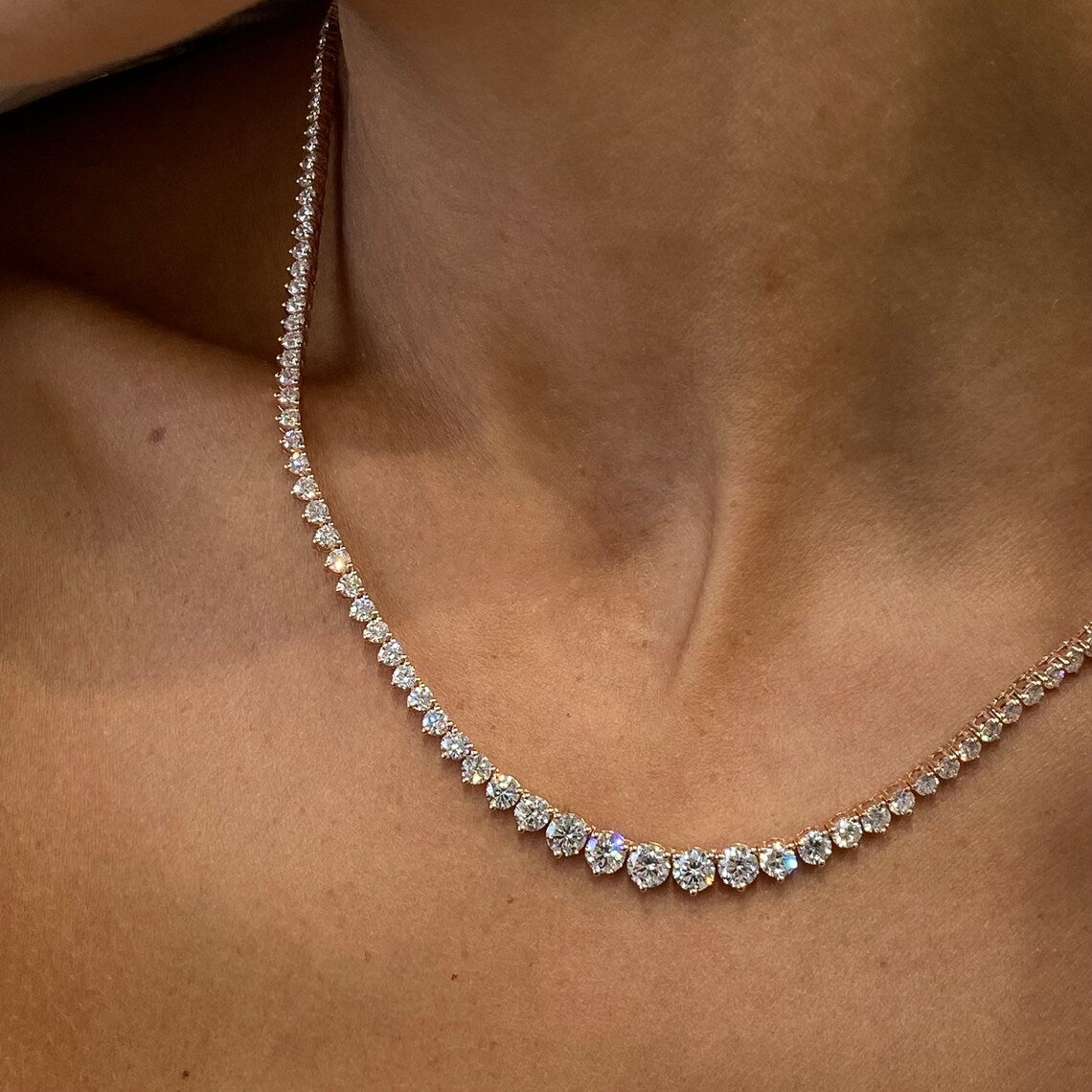 Solid 14k Rose Gold Round Cut, Lab grown Diamond  Prong Setting Tennis Necklace - JBR Jeweler