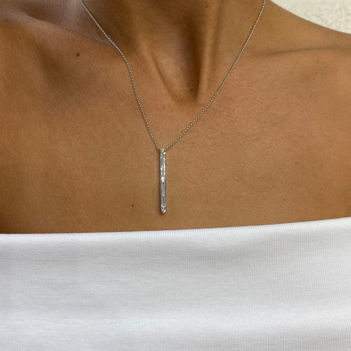 14k Solid Gold Bezel Setting, Baguette Cut Lab grown Diamond Bar Necklace , Bridal Jewelry - JBR Jeweler