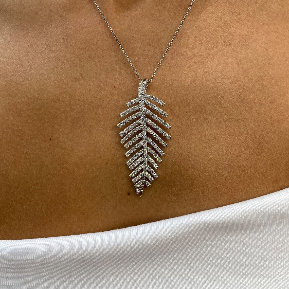 14k Gold Round Brilliant Cut Lab Grown Diamond Pendant Leaf Design Pave Set Necklace - JBR Jeweler