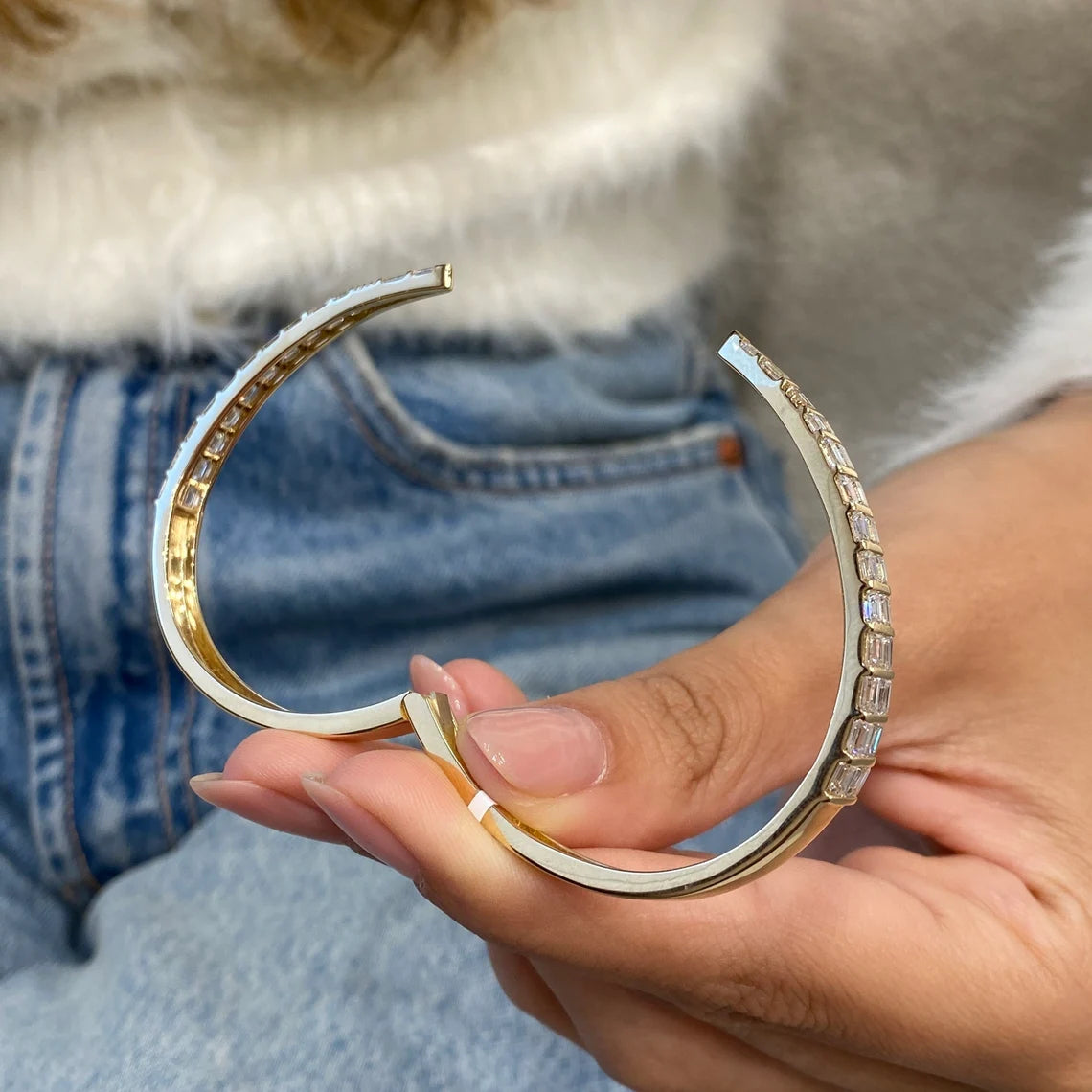 14k Yellow Gold Baguette Cut Lab Grown Diamond Bar Set Bangle Bracelet - JBR Jeweler