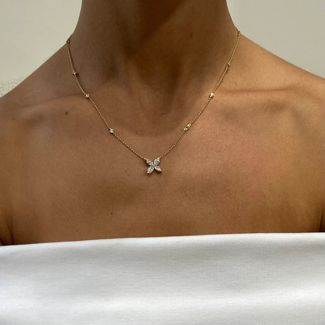 14k Yellow Gold Marquise and Round Cut Lab Grown Diamond, Real Flower Design Pendant Necklace - JBR Jeweler