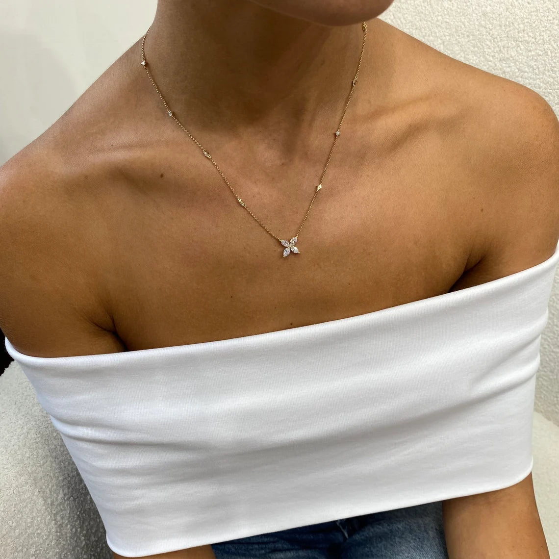 14k Yellow Gold Marquise and Round Cut Lab Grown Diamond, Real Flower Design Pendant Necklace - JBR Jeweler