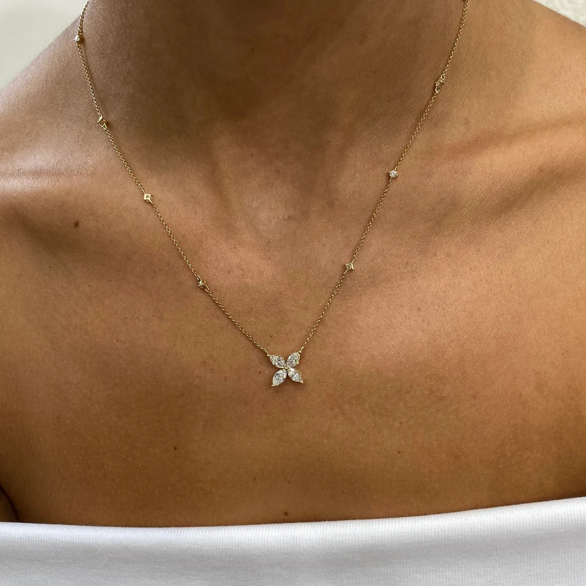 14k Yellow Gold Marquise and Round Cut Lab Grown Diamond, Real Flower Design Pendant Necklace - JBR Jeweler
