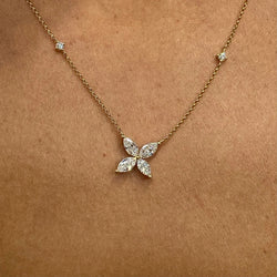 14k Yellow Gold Marquise and Round Cut Lab Grown Diamond, Real Flower Design Pendant Necklace