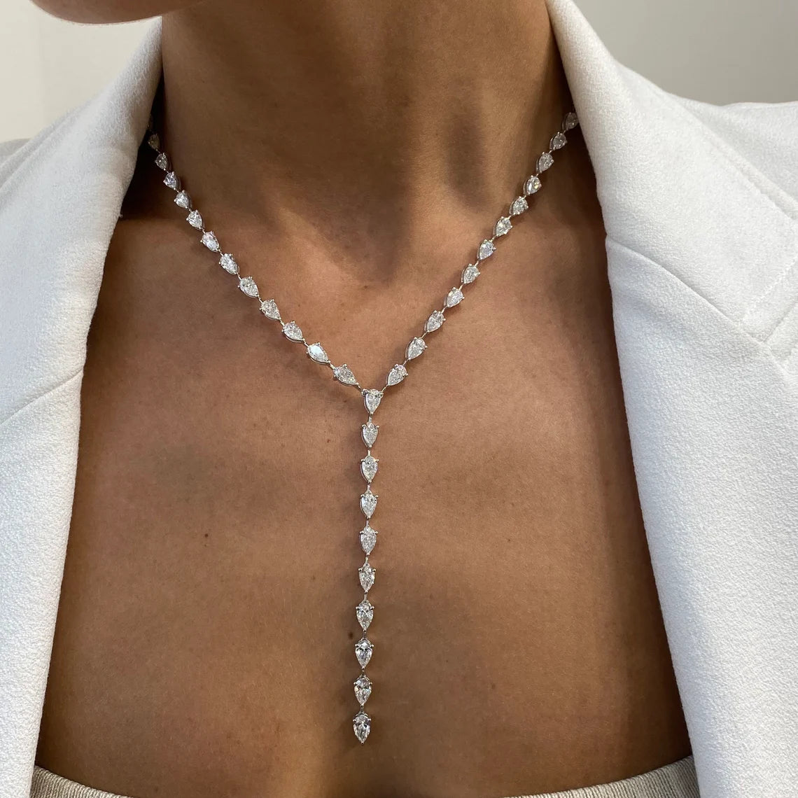 14k Gold Pear Cut Lab Grown Diamond Lariat Tennis Necklace, For Women - JBR Jeweler