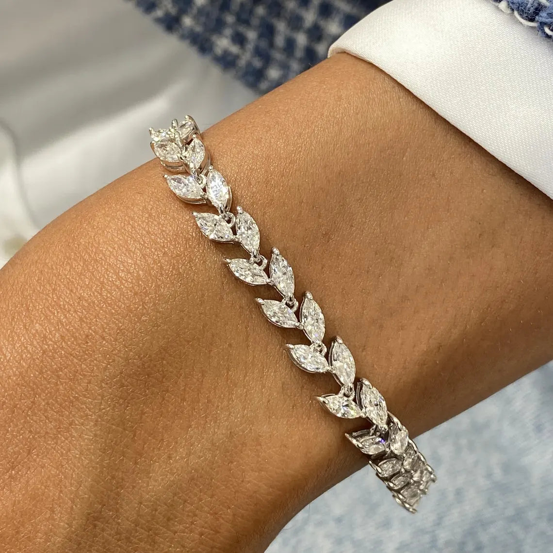 14k White Gold Marquise Cut Lab Grown Diamond Prong Set Tennis Bracelet for Women