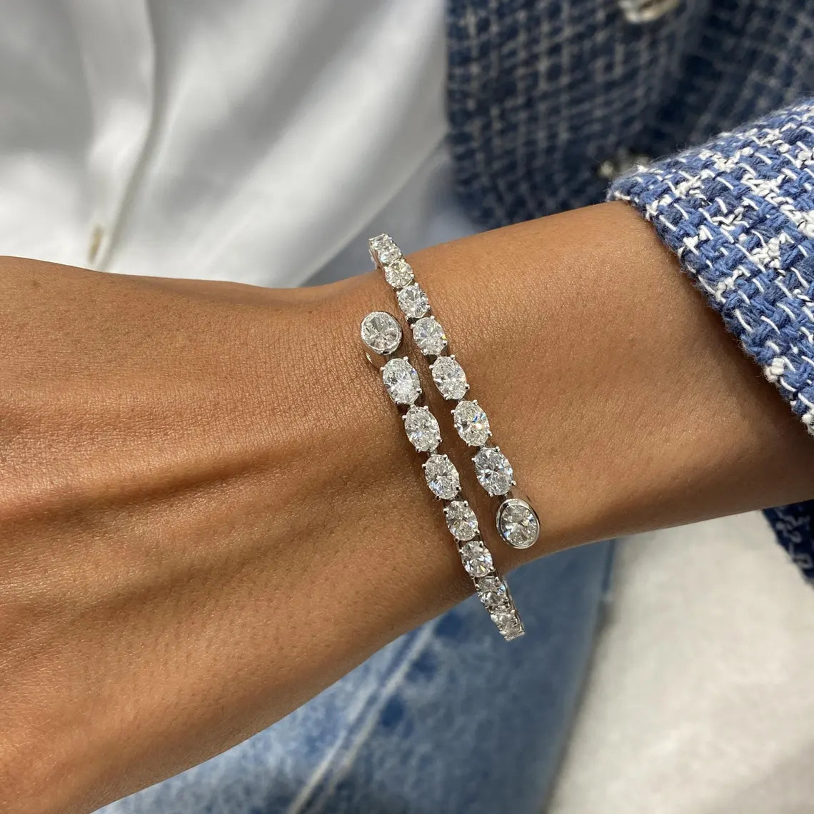 Solid 14k White Gold Oval Cut Lab Grown Diamond Prong Setting Bangle Bracelet, Gift for Anniversary - JBR Jeweler