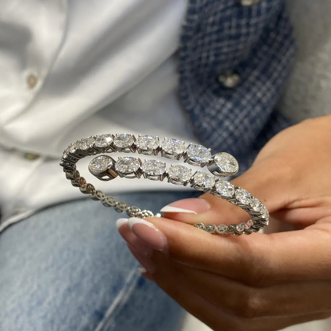 Solid 14k White Gold Oval Cut Lab Grown Diamond Prong Setting Bangle Bracelet, Gift for Anniversary - JBR Jeweler