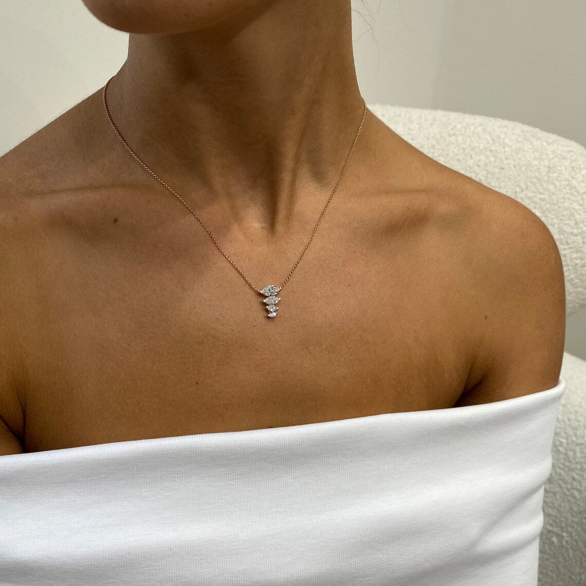 Solid 14k Rose Gold Prong Setting ,Marquise Cut Lab Grown Diamond Necklace, Gift for Anniversary