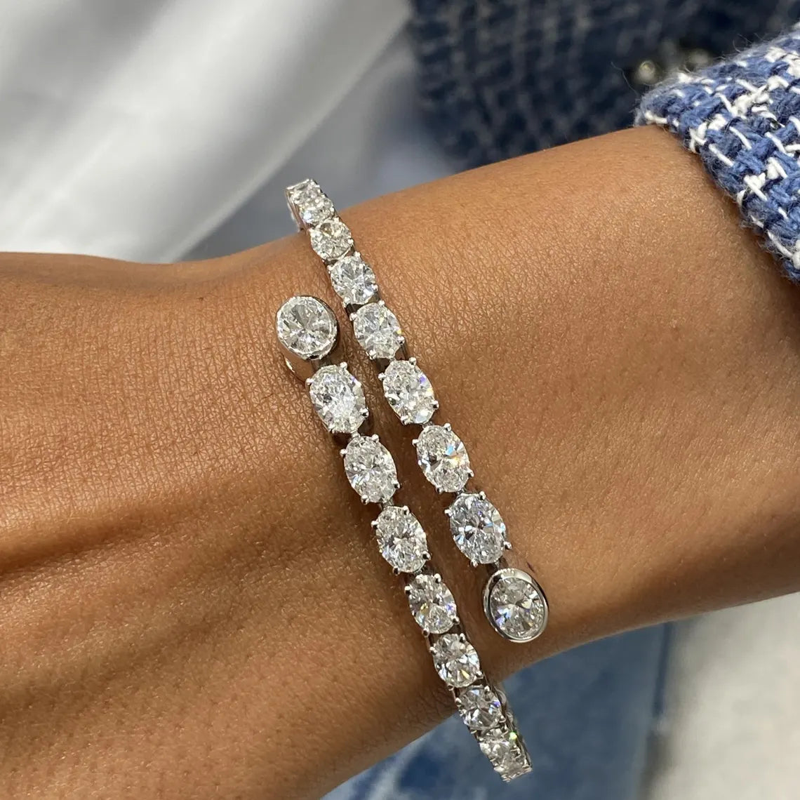 Solid 14k White Gold Oval Cut Lab Grown Diamond Prong Setting Bangle Bracelet, Gift for Anniversary - JBR Jeweler