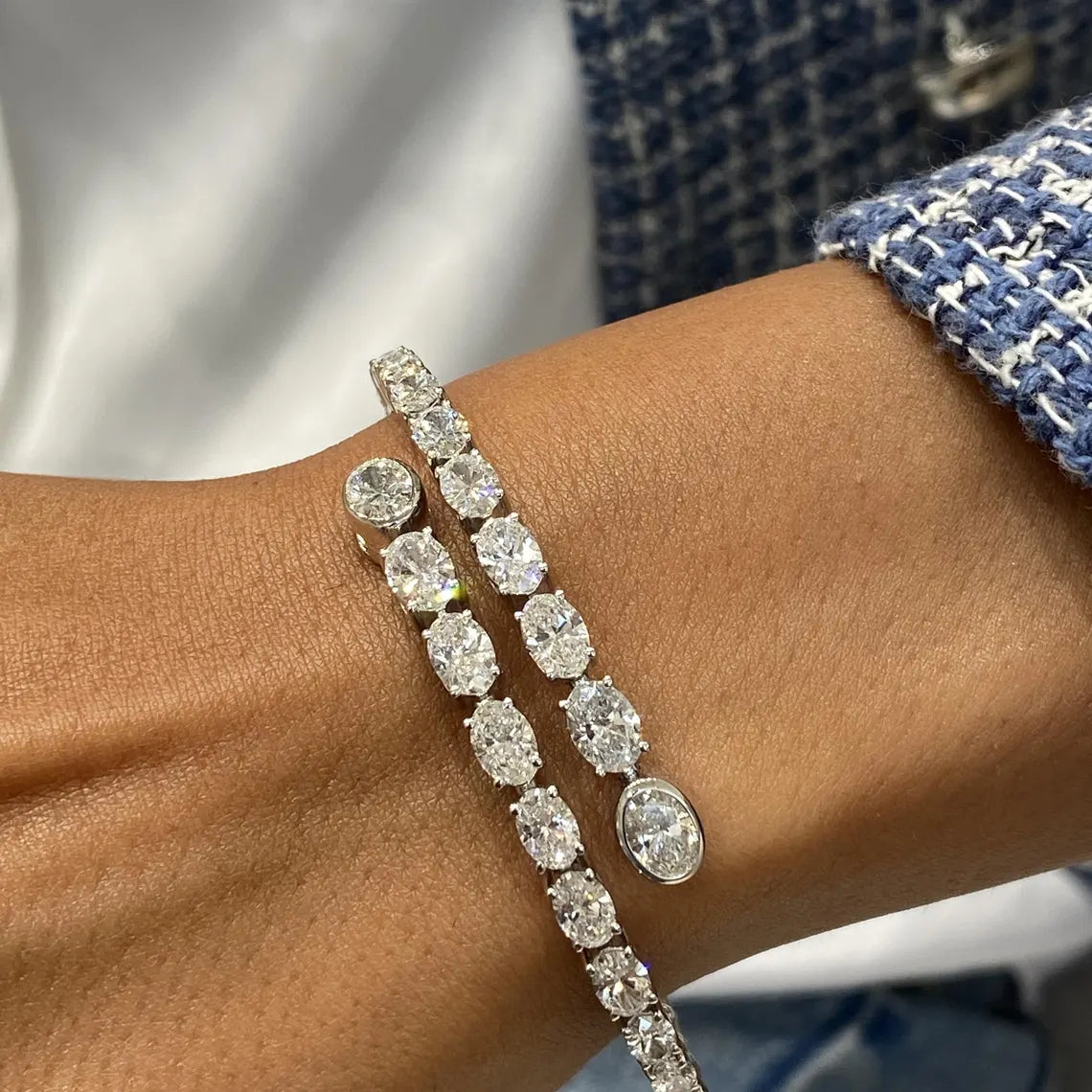 Solid 14k White Gold Oval Cut Lab Grown Diamond Prong Setting Bangle Bracelet, Gift for Anniversary - JBR Jeweler