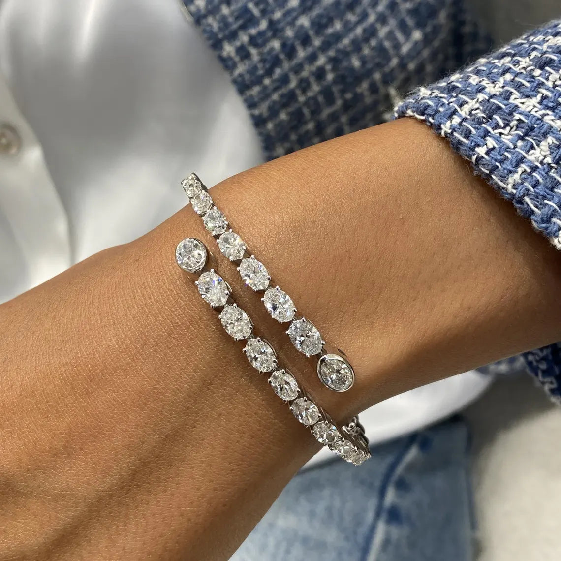 Solid 14k White Gold Oval Cut Lab Grown Diamond Prong Setting Bangle Bracelet, Gift for Anniversary - JBR Jeweler