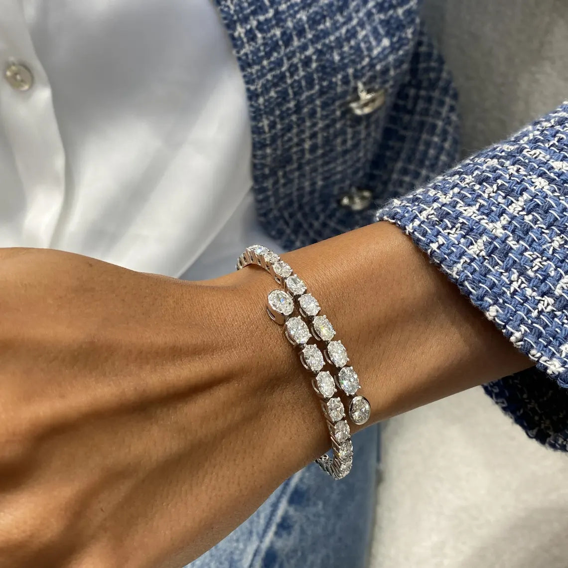 Solid 14k White Gold Oval Cut Lab Grown Diamond Prong Setting Bangle Bracelet, Gift for Anniversary - JBR Jeweler