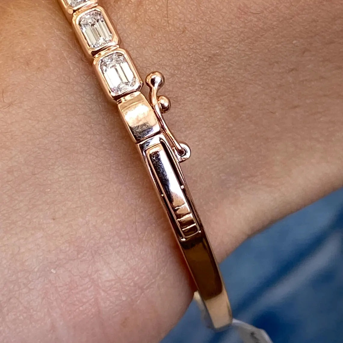 14K Rose Gold Emerald Cut Lab-Grown Diamond Bezel Set Bangle Bracelet ,Birthday Gift