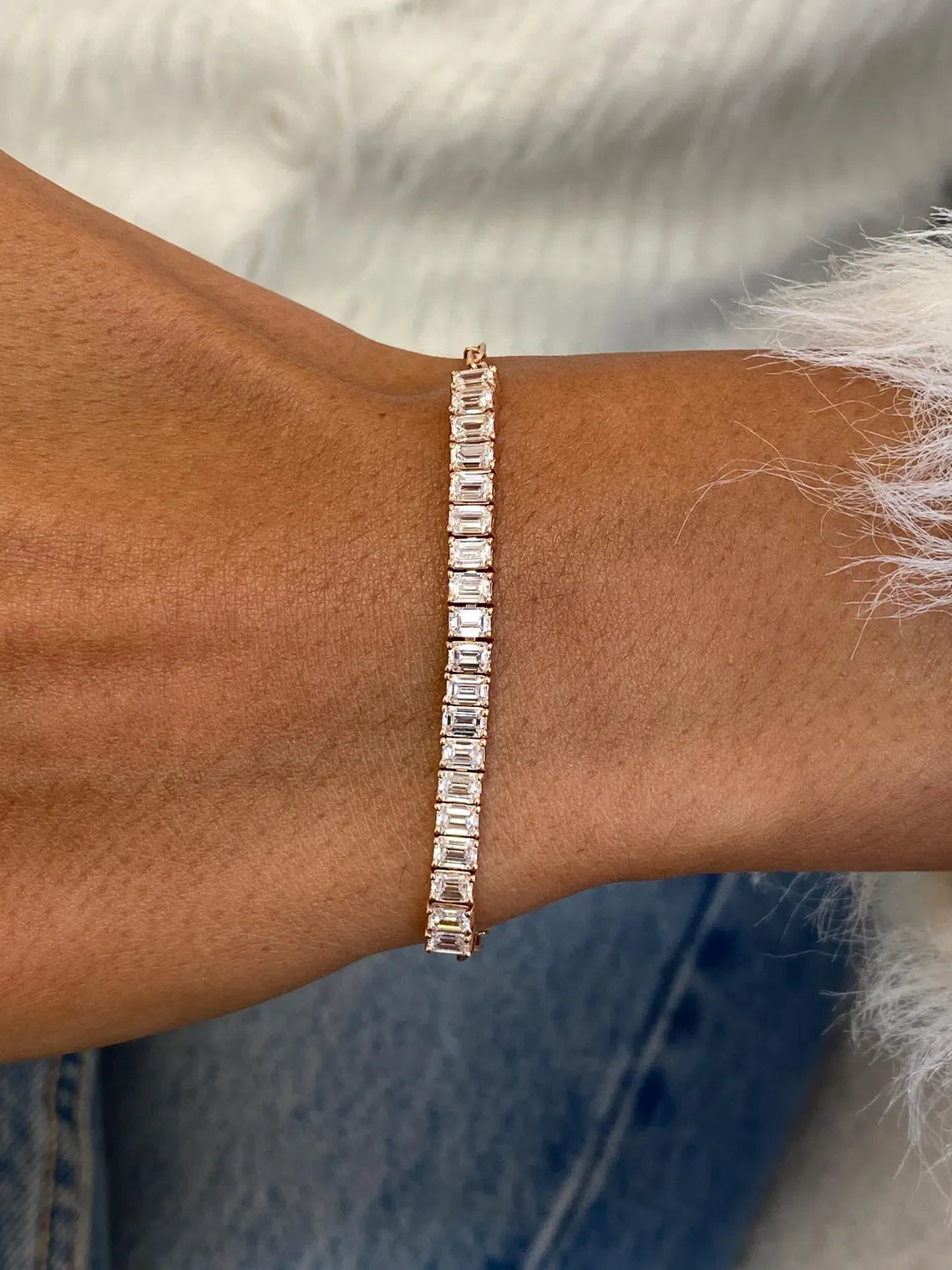 14K Rose Gold Emerald Cut Lab-Grown Diamond Half Eternity Bracelet, Gift for Women