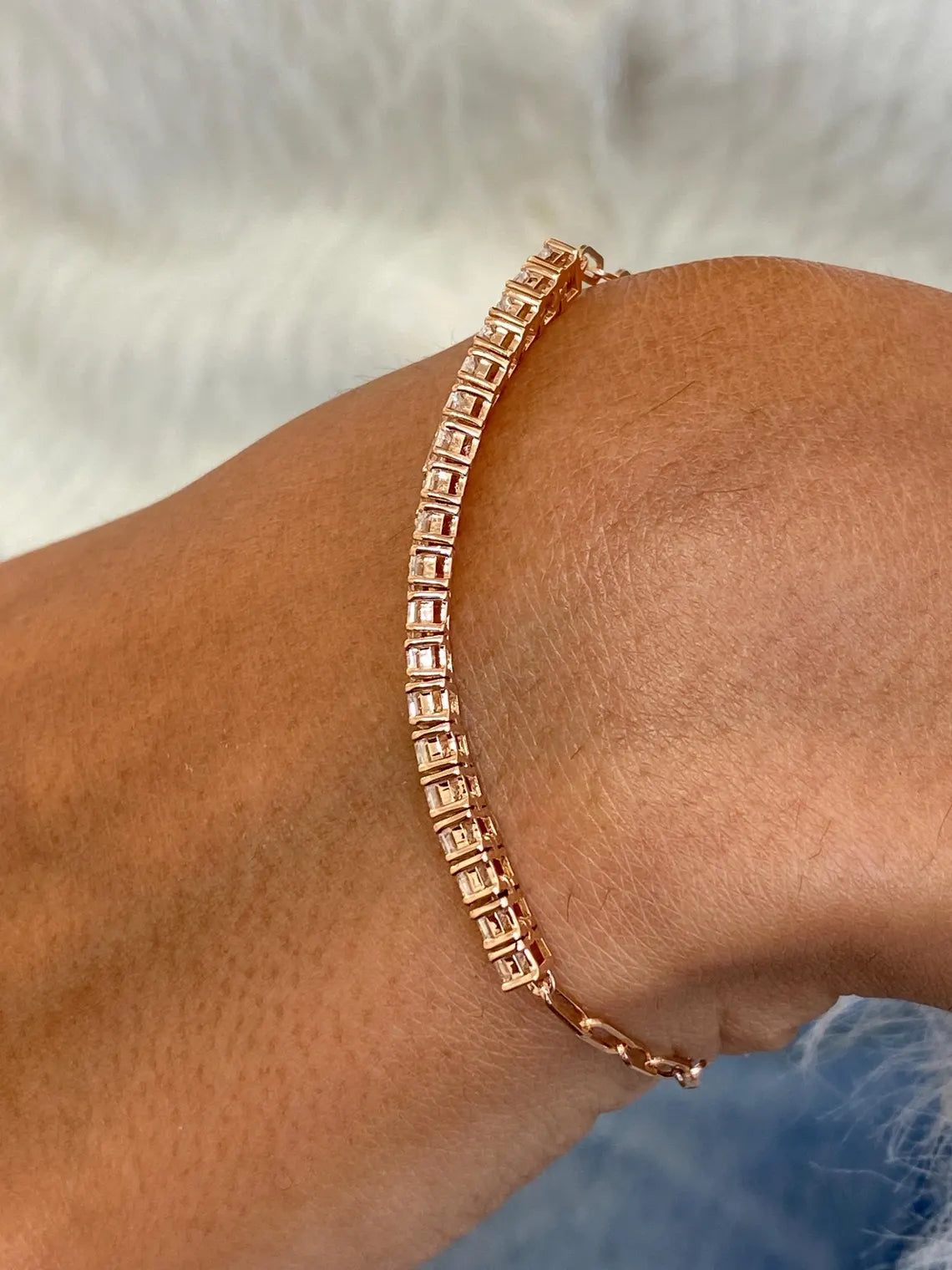 14K Rose Gold Emerald Cut Lab-Grown Diamond Half Eternity Bracelet, Gift for Women