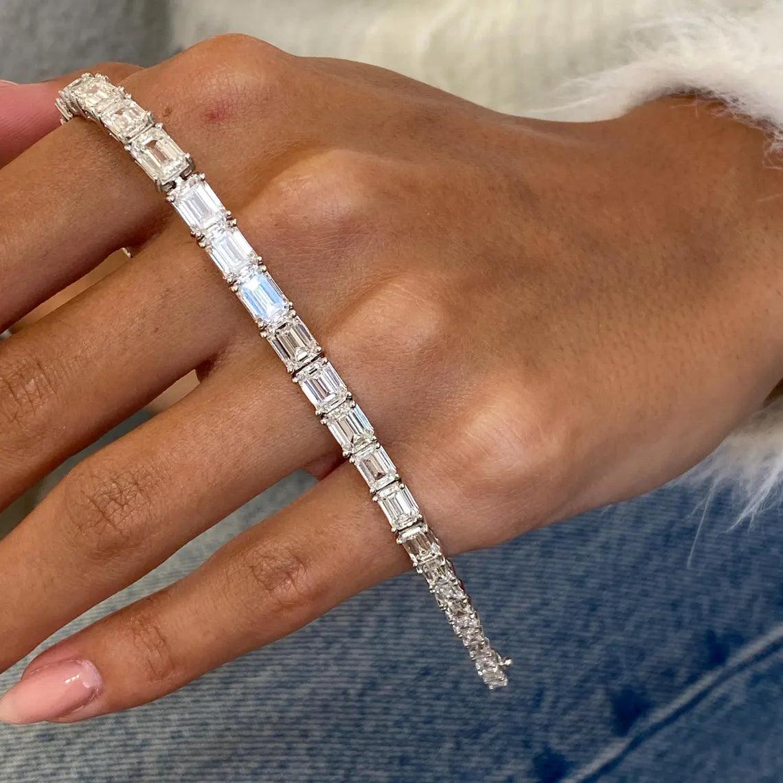 14k White Gold Emerald Cut Lab-Grown Diamond Prong Set Elegant Bangle Bracelet - JBR Jeweler