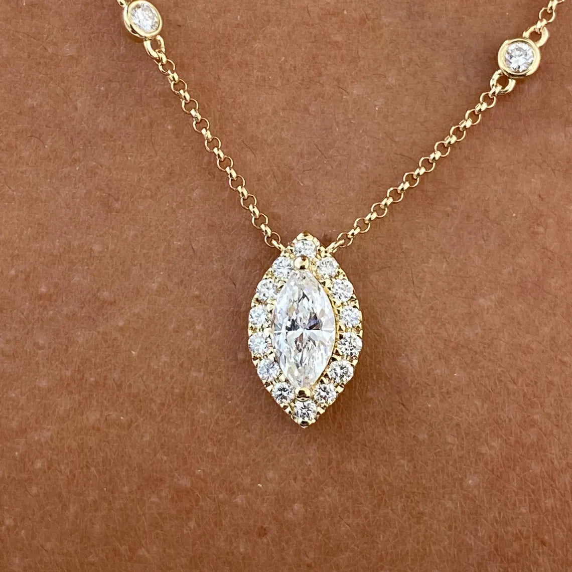 14K Yellow Gold Round & Marquise Cut Cluster Setting Lab-Grown Diamond Pendant Necklace - JBR Jeweler