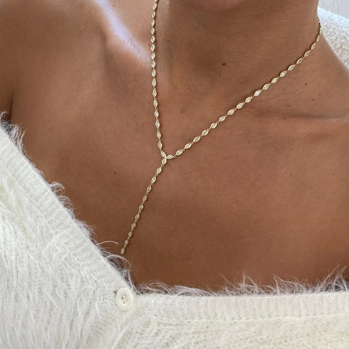 14K Yellow Gold Bezel Set, Marquise Cut Lab Grown Diamond Lariat Necklace for Women - JBR Jeweler