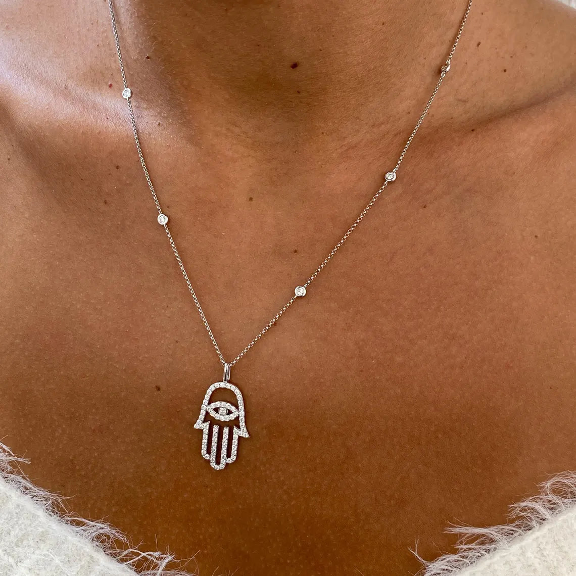 14k White Gold, Round Cut Lab Created Diamond, Unique Design Hamza Necklace Gift for Anniversary - JBR Jeweler