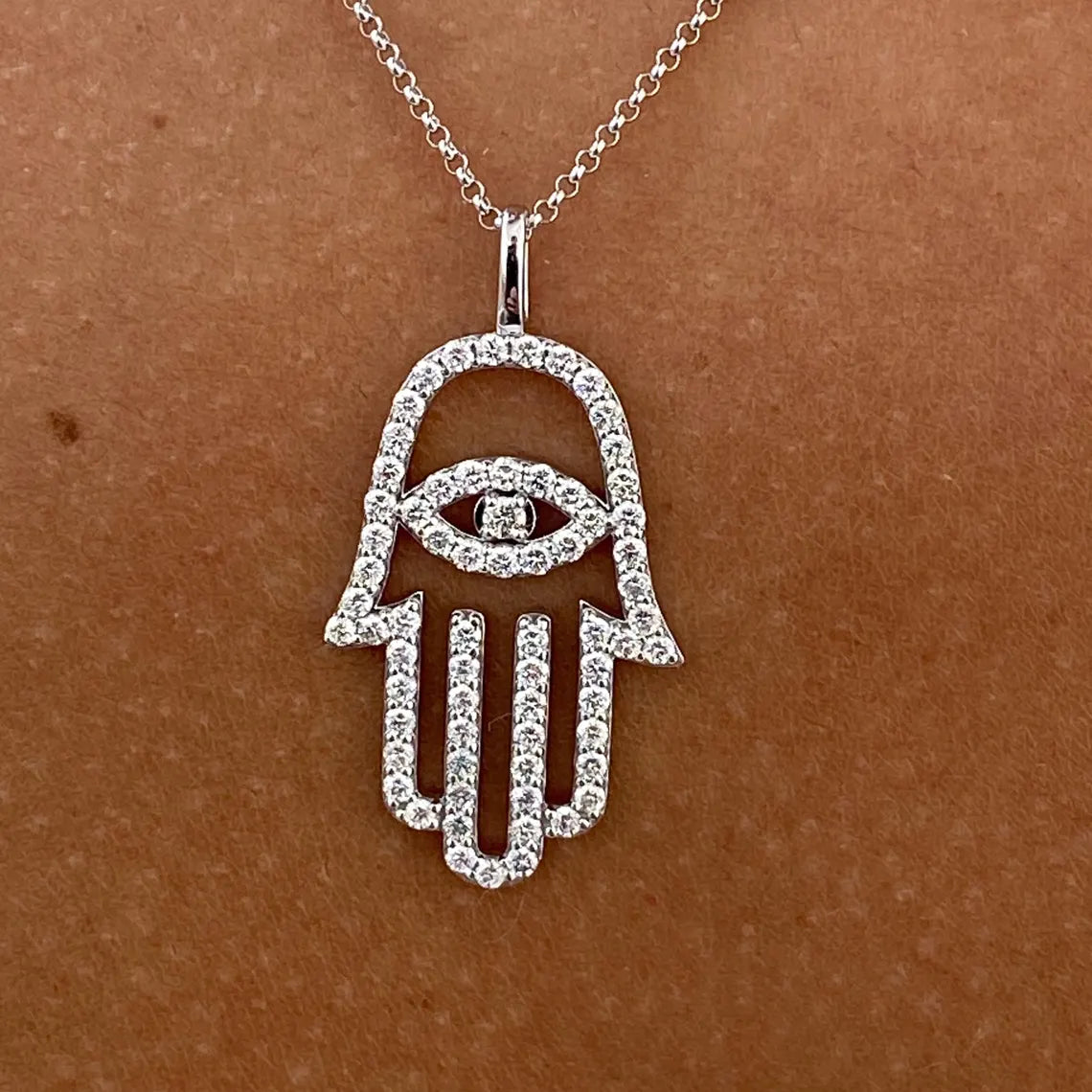 14k White Gold, Round Cut Lab Created Diamond, Unique Design Hamza Necklace Gift for Anniversary - JBR Jeweler