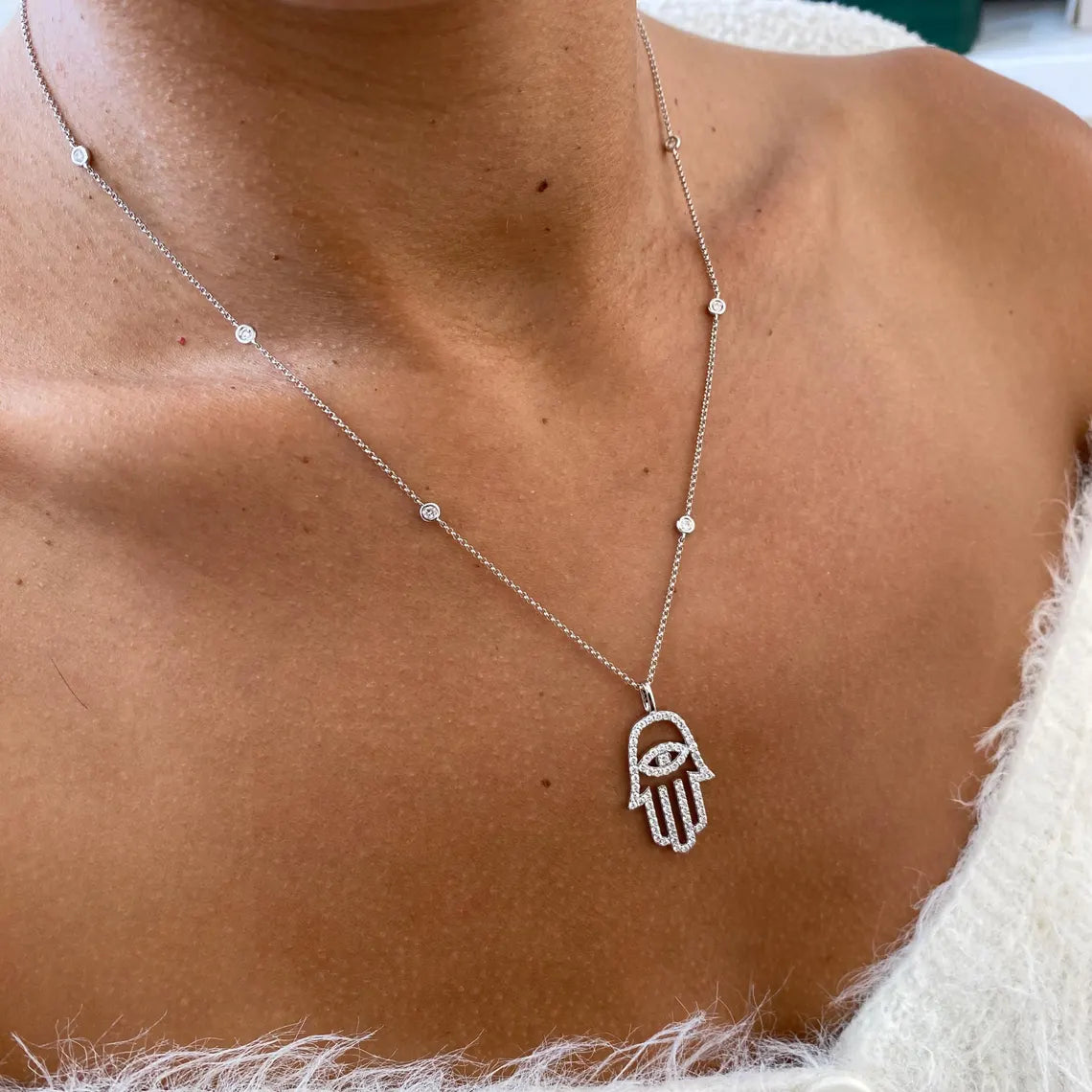 14k White Gold, Round Cut Lab Created Diamond, Unique Design Hamza Necklace Gift for Anniversary - JBR Jeweler