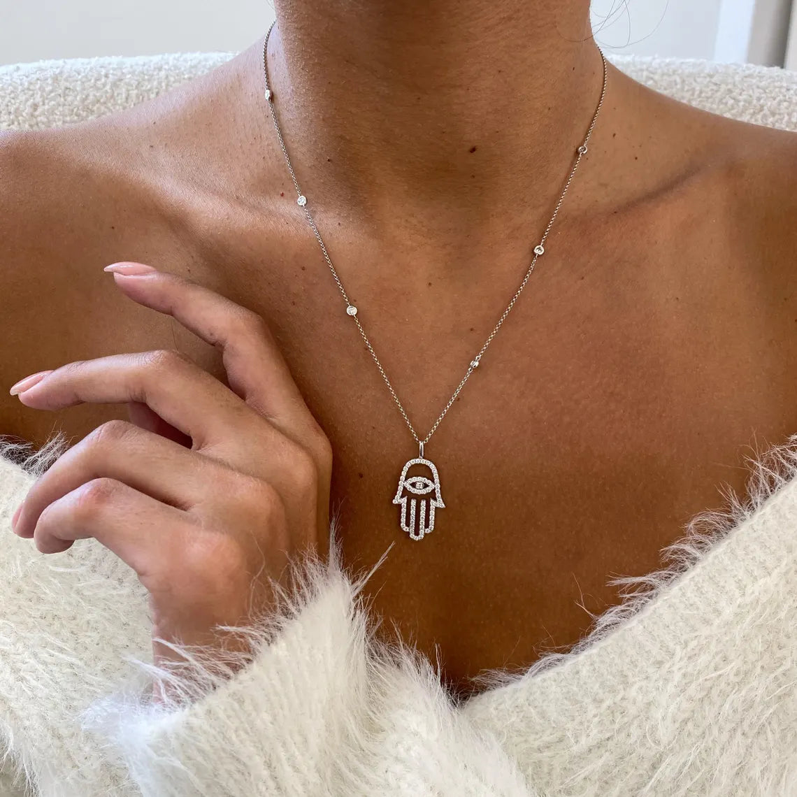 14k White Gold, Round Cut Lab Created Diamond, Unique Design Hamza Necklace Gift for Anniversary - JBR Jeweler