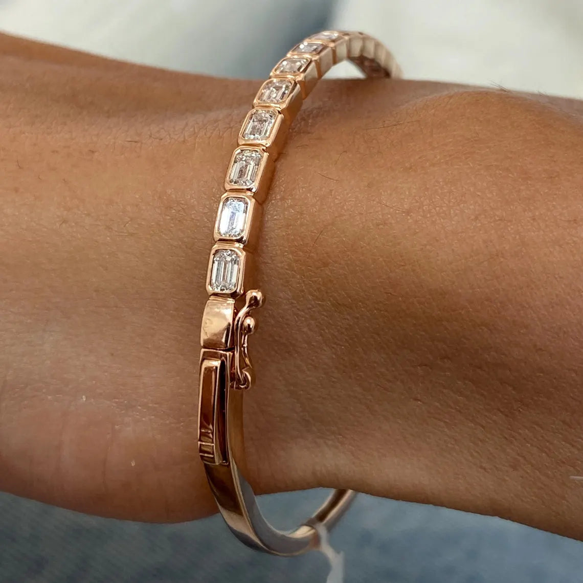 14K Rose Gold Emerald Cut Lab-Grown Diamond Bezel Set Bangle Bracelet ,Birthday Gift