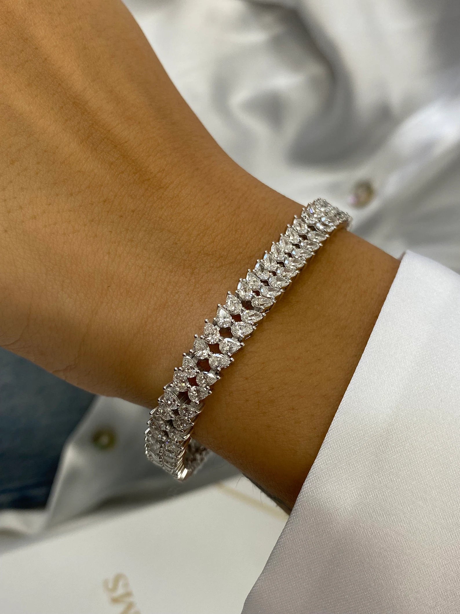 14k White Gold Sparkling Pear Cut Lab Grown Diamond Pave Set Stackable Bracelet - JBR Jeweler