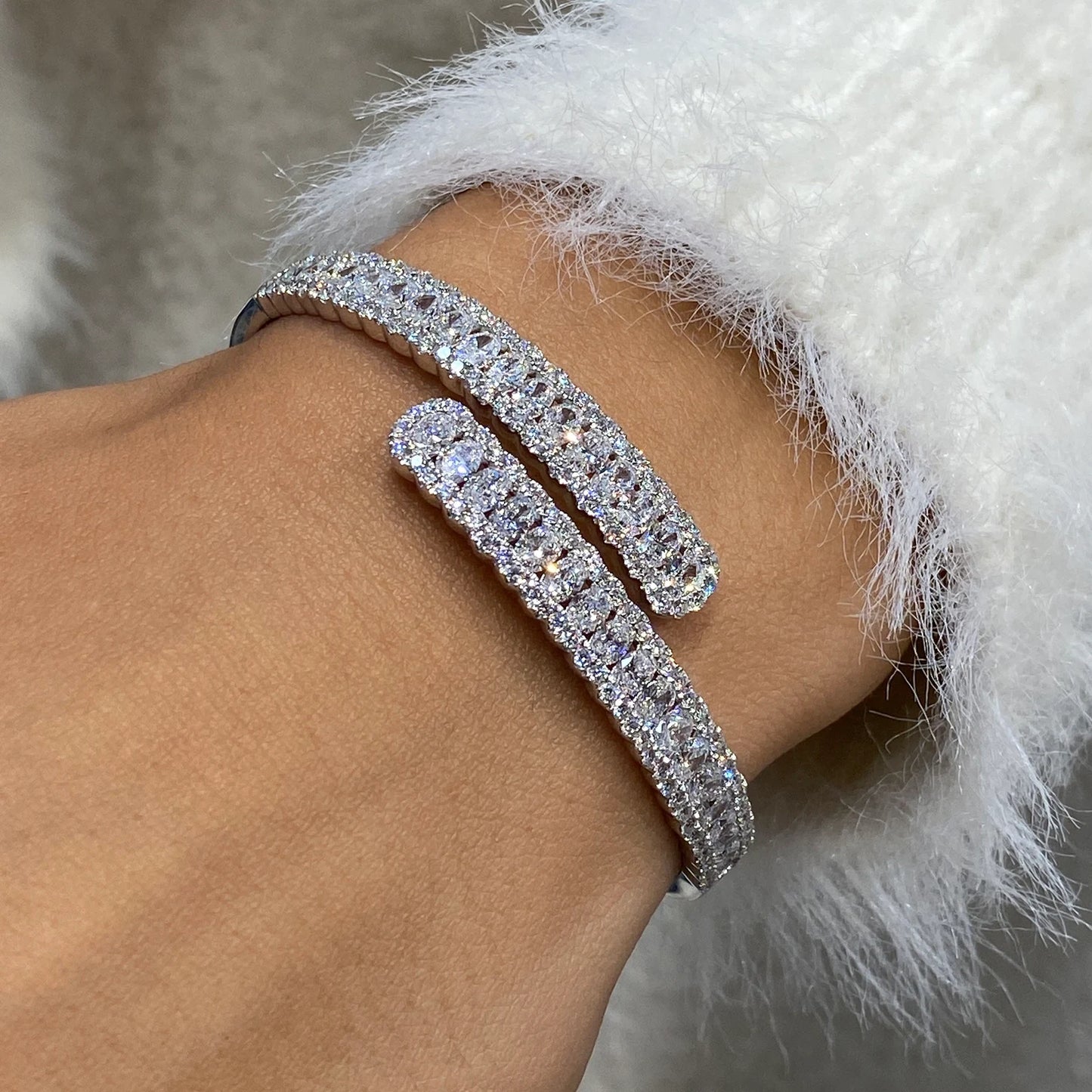 14k White Gold Oval & Round Cut Lab Created Diamond Pave Setting Bangle Tennis Bracelet Gift for Anniversary