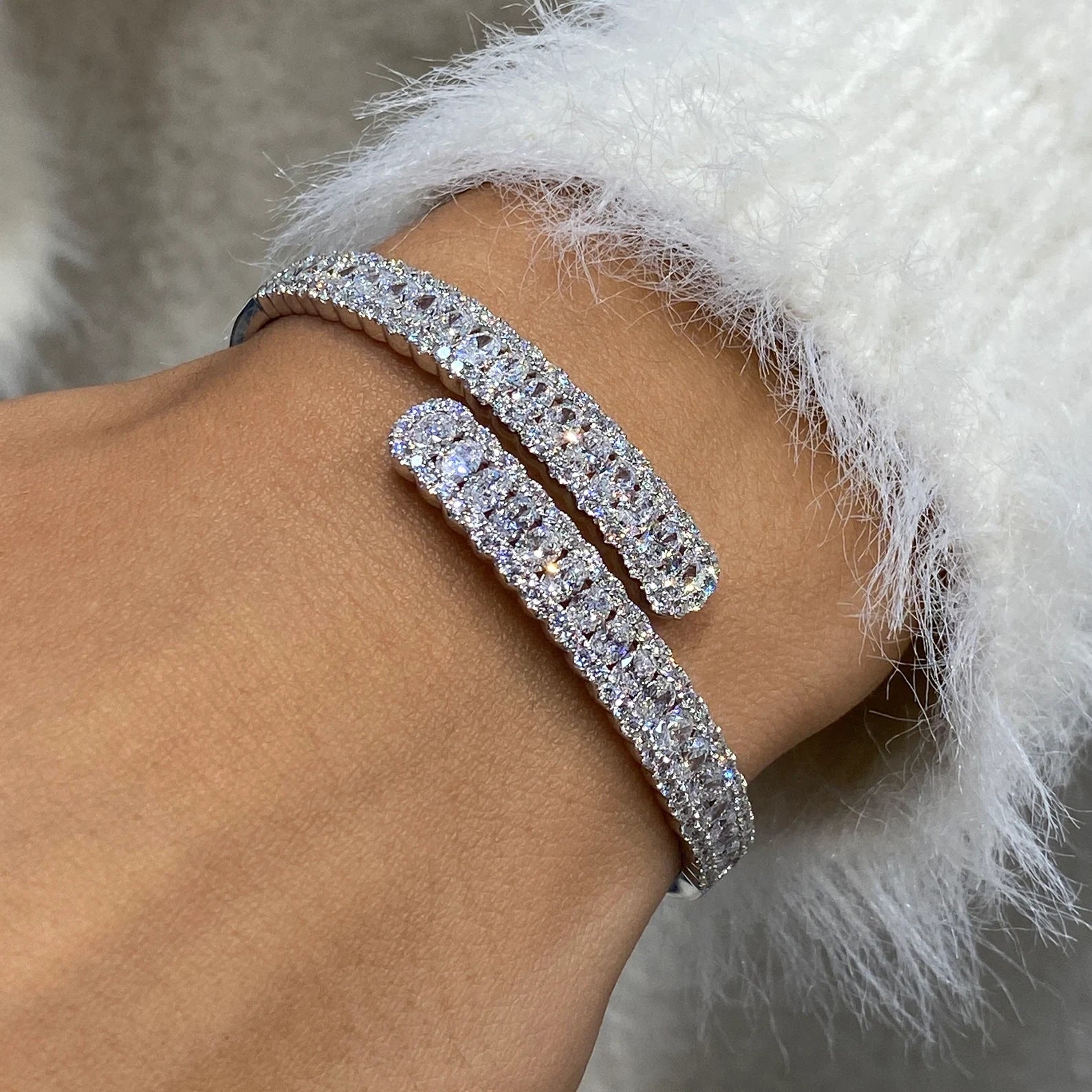 14k White Gold Oval & Round Cut Lab Created Diamond Pave Setting Bangle Tennis Bracelet Gift for Anniversary - JBR Jeweler