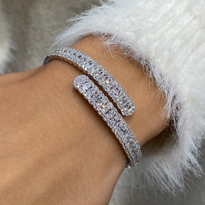 14k White Gold Oval & Round Cut Lab Created Diamond Pave Setting Bangle Tennis Bracelet Gift for Anniversary