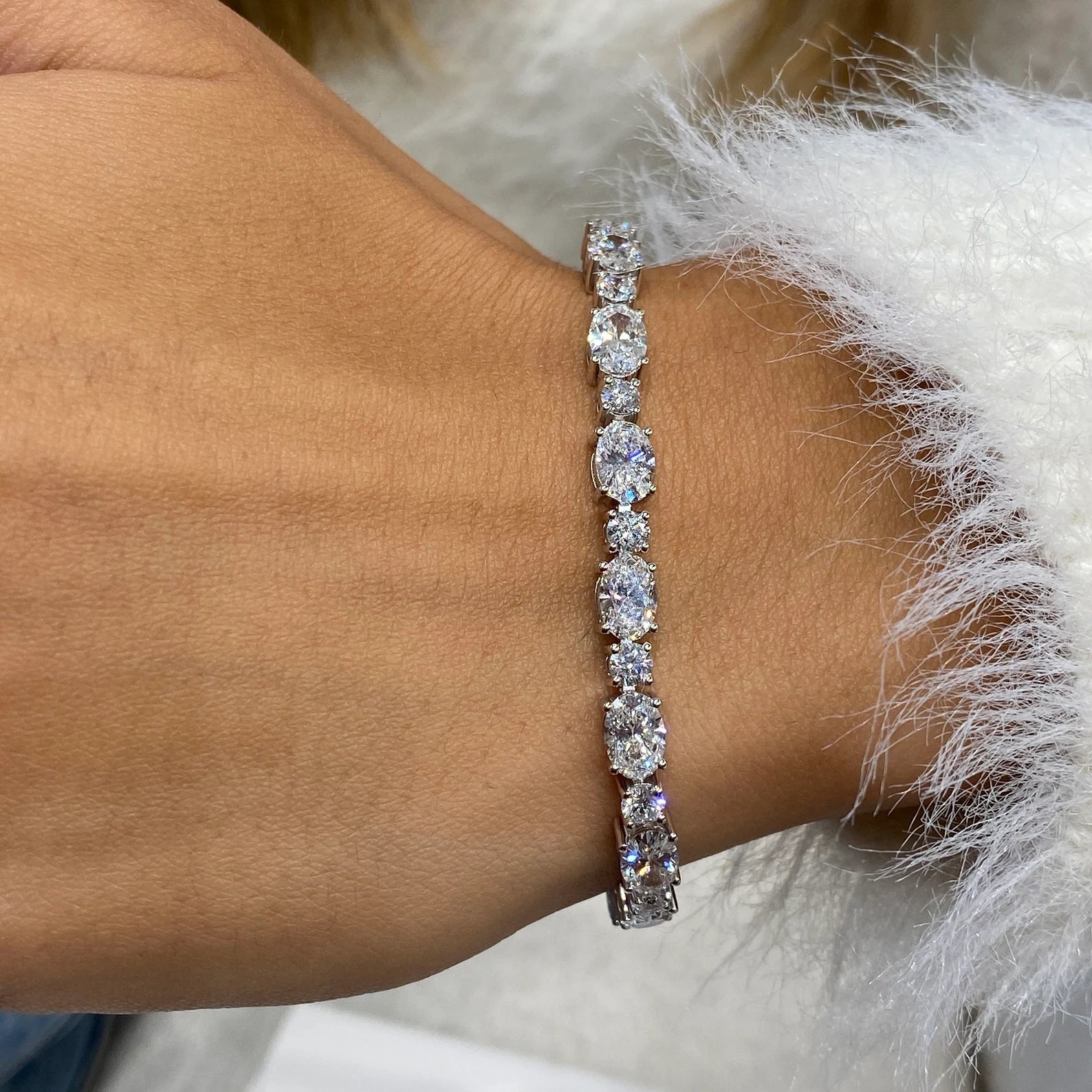 14k White Gold Oval and Round Cut Lab Grown Diamond Prong Setting Tennis Bracelet Bridal Jewelry - JBR Jeweler