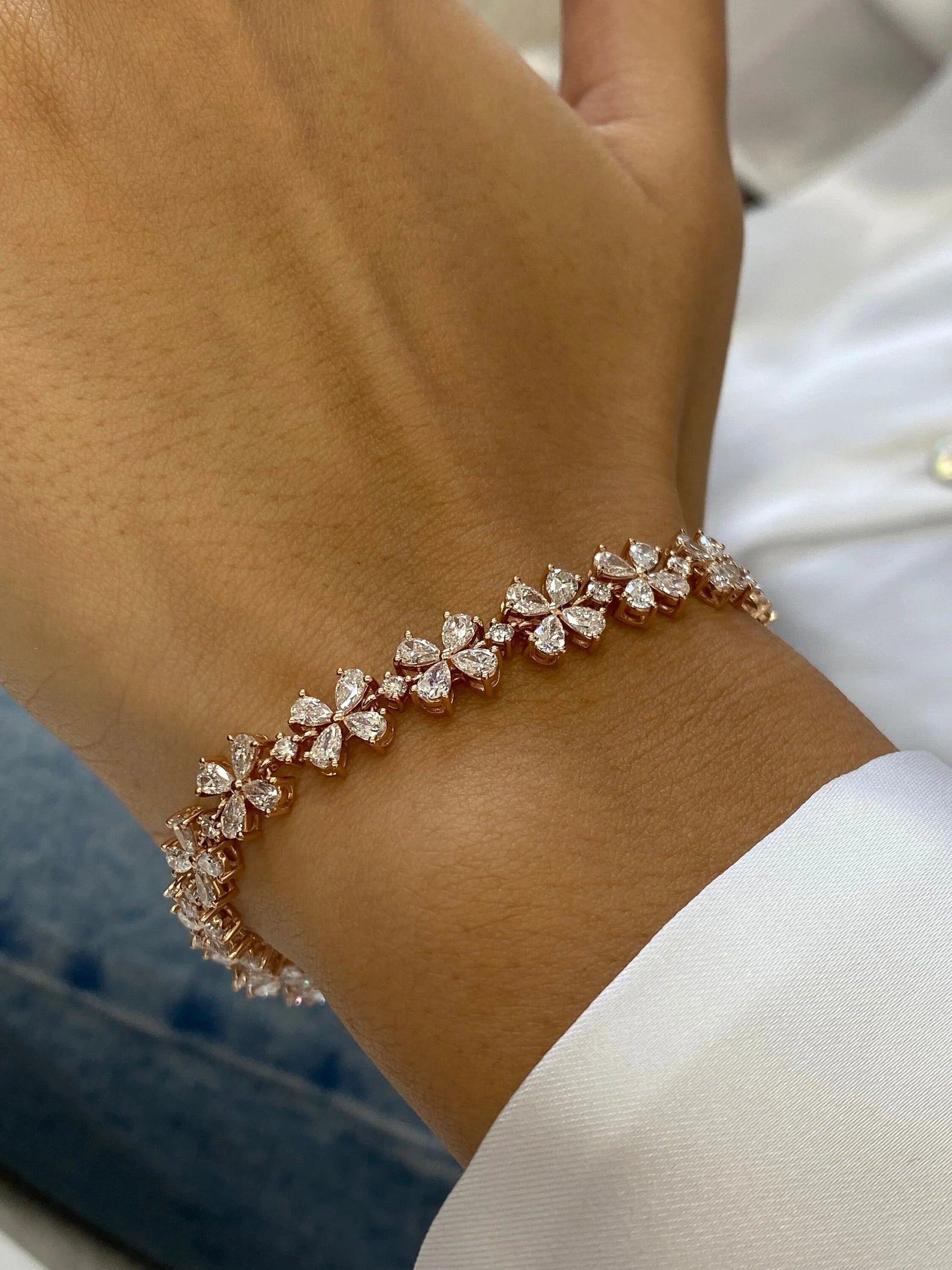 Solid 14k Rose Gold Pear & Round Cut Cluster Set Lab Grown Diamond Flower Design Bracelet - JBR Jeweler