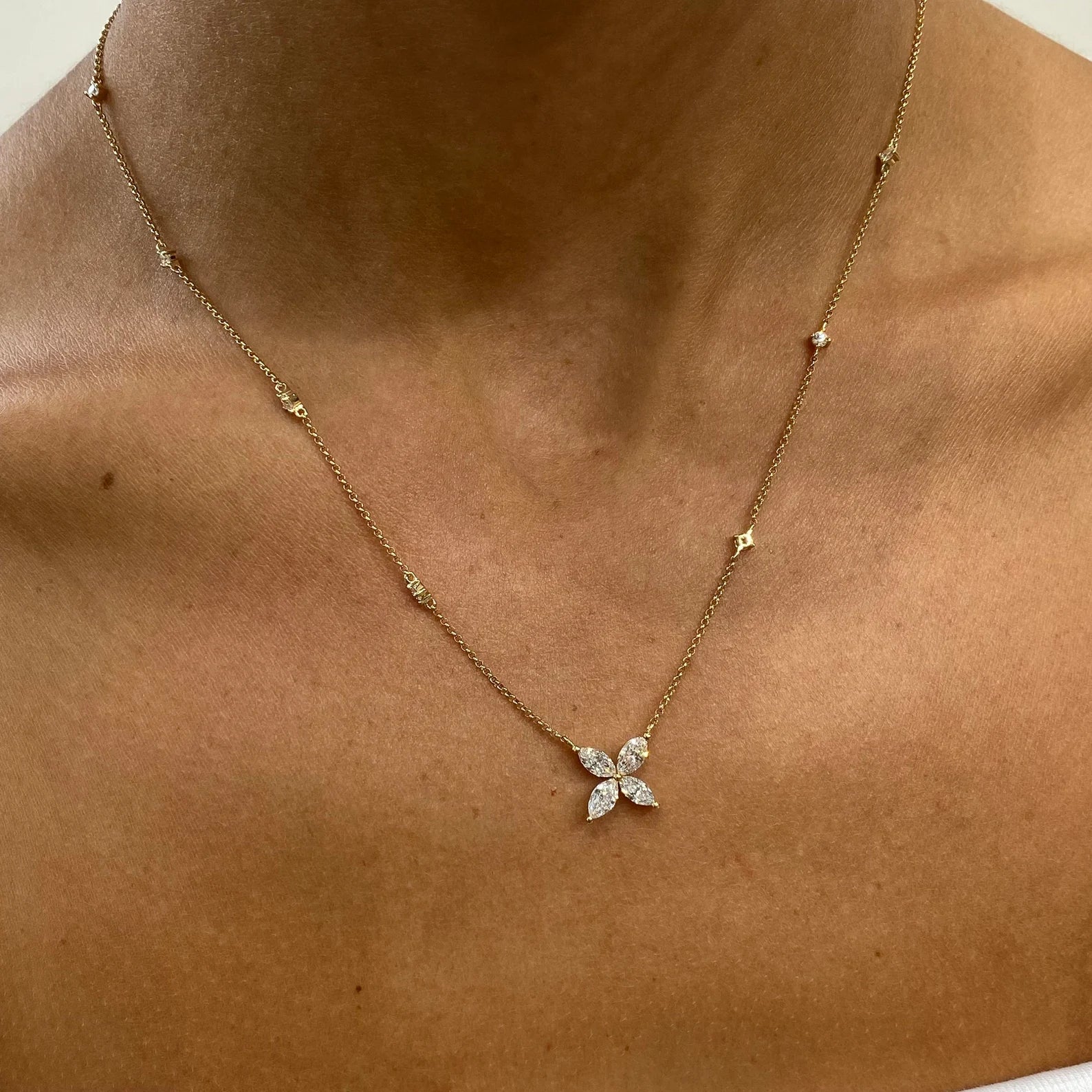 14k Yellow Gold Marquise and Round Cut Lab Grown Diamond, Real Flower Design Pendant Necklace - JBR Jeweler