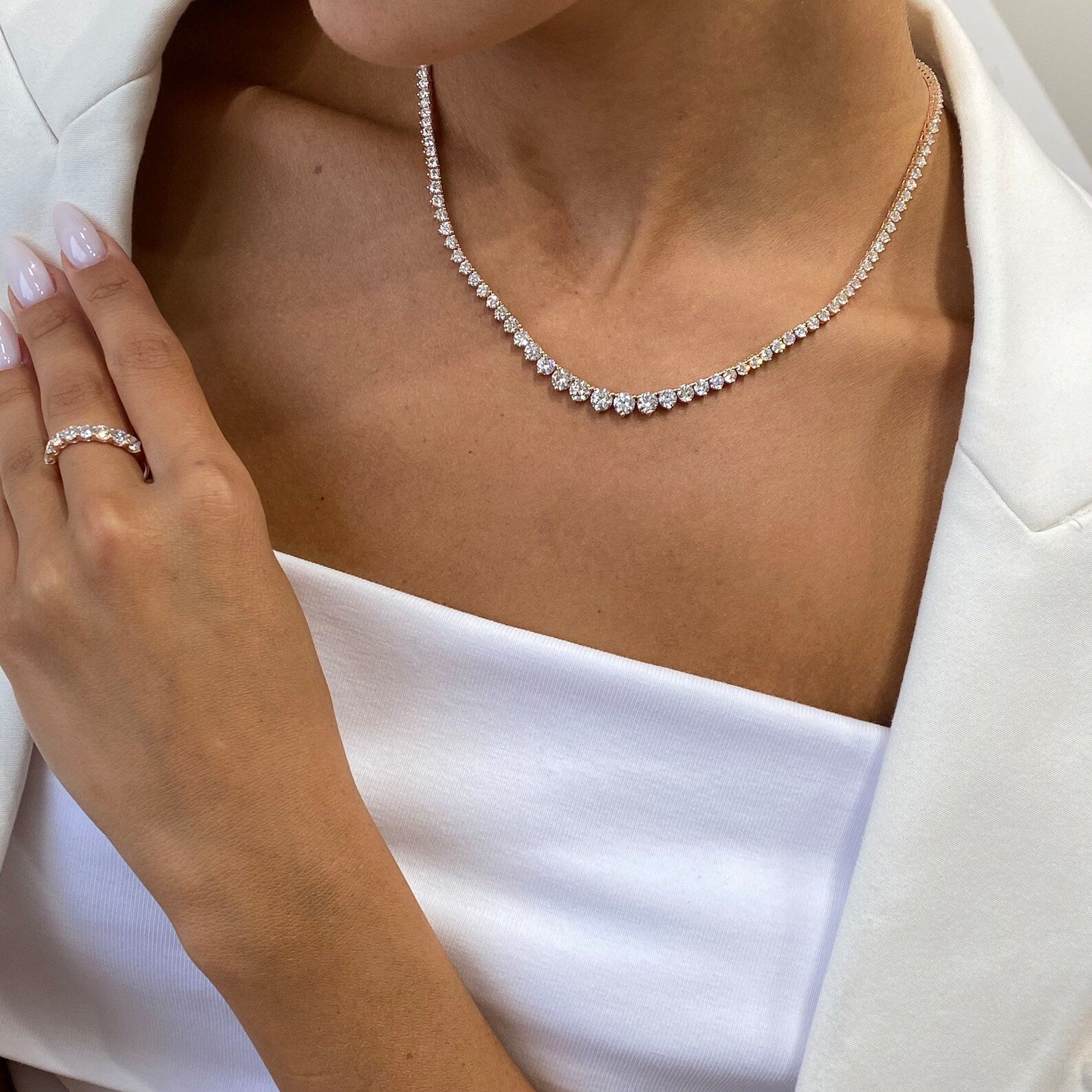 Solid 14k Rose Gold Round Cut, Lab grown Diamond  Prong Setting Tennis Necklace - JBR Jeweler