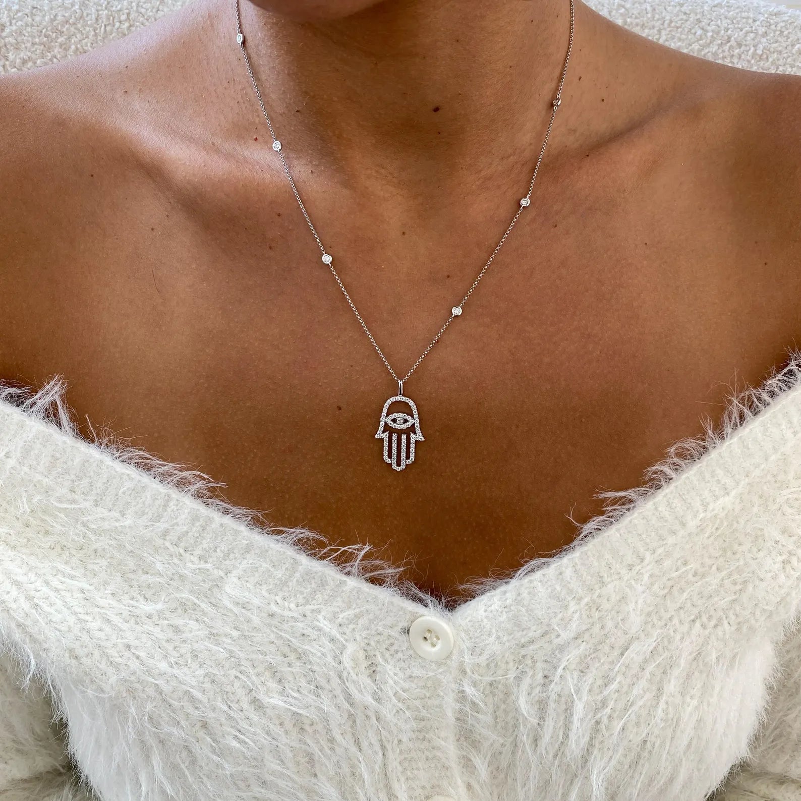 14k White Gold, Round Cut Lab Created Diamond, Unique Design Hamza Necklace Gift for Anniversary - JBR Jeweler