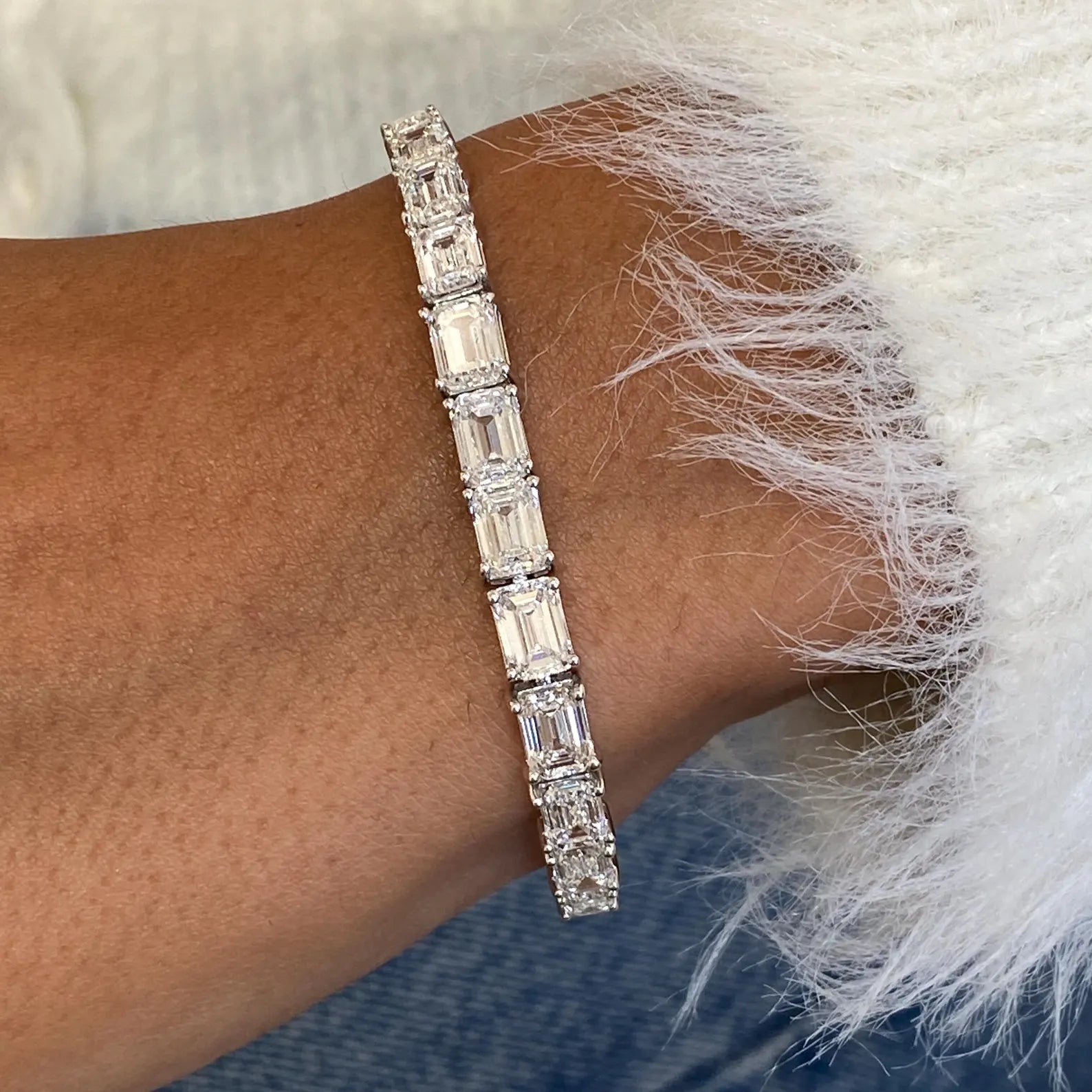14k White Gold Emerald Cut Lab-Grown Diamond Prong Set Elegant Bangle Bracelet - JBR Jeweler